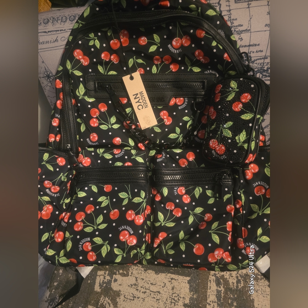 Madden NYC Cherry Double Pocket Chain Backpack NWT